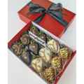 12pcs Black, White & Gold Lace with Gold Heart Chocolate Strawberries Gift Box